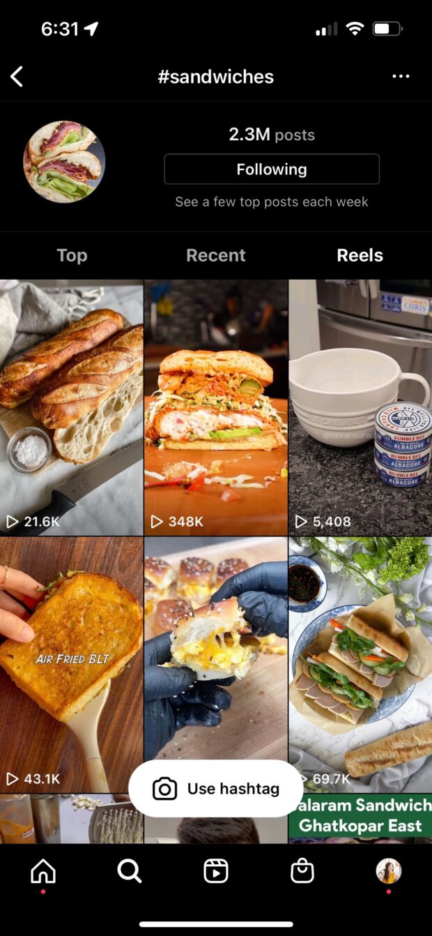 Reels in der Hashtag-Suche nach „Sandwiches“