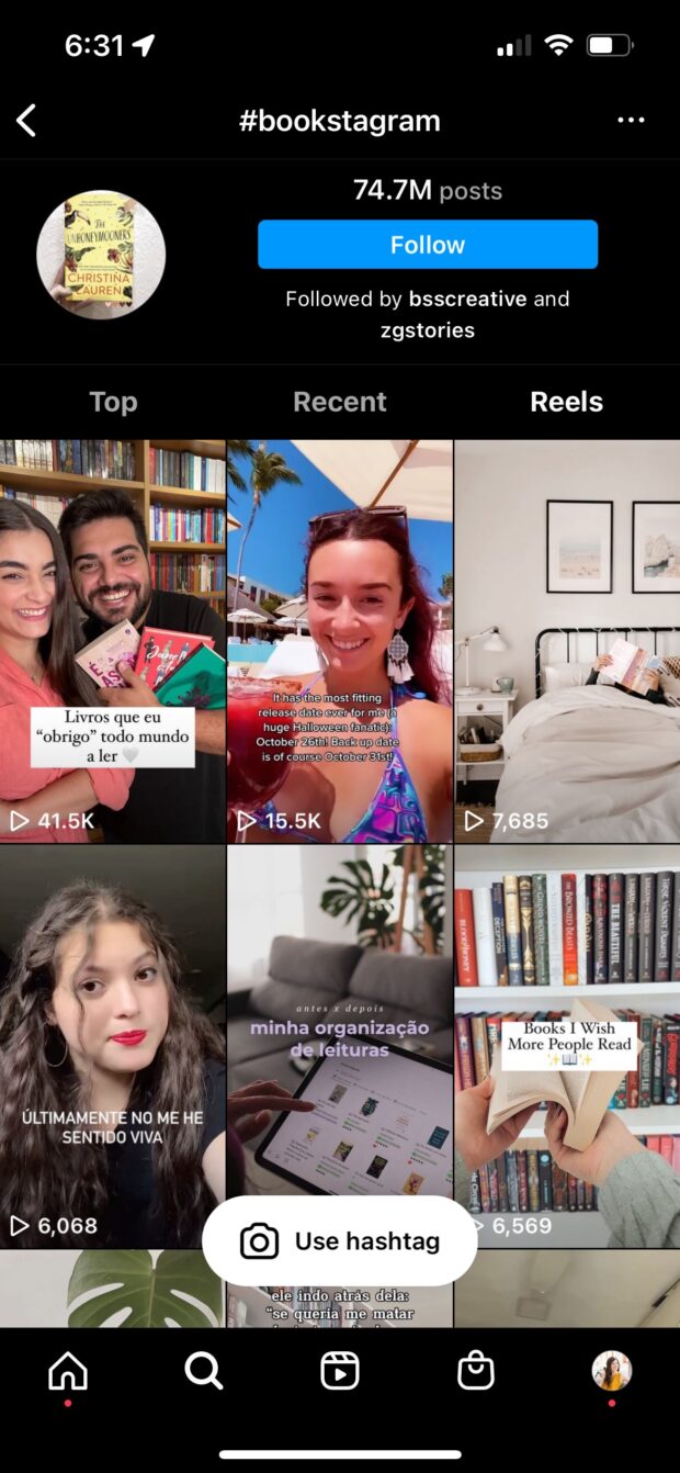 Reels in der Hashtag-Suche nach „bookstagram“