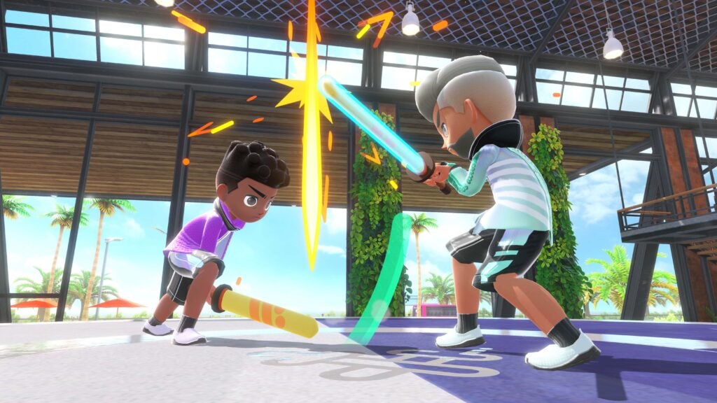 Zwei Spieler kämpfen in Chambara in Nintendo Switch Sports