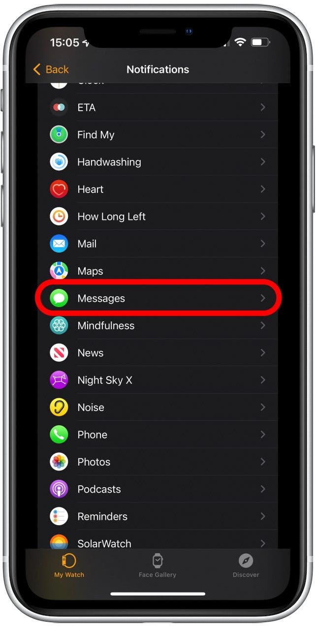 Scrollen Sie nach unten und tippen Sie auf Nachrichten – die Apple Watch vibriert nicht, wenn ich eine SMS erhalte	