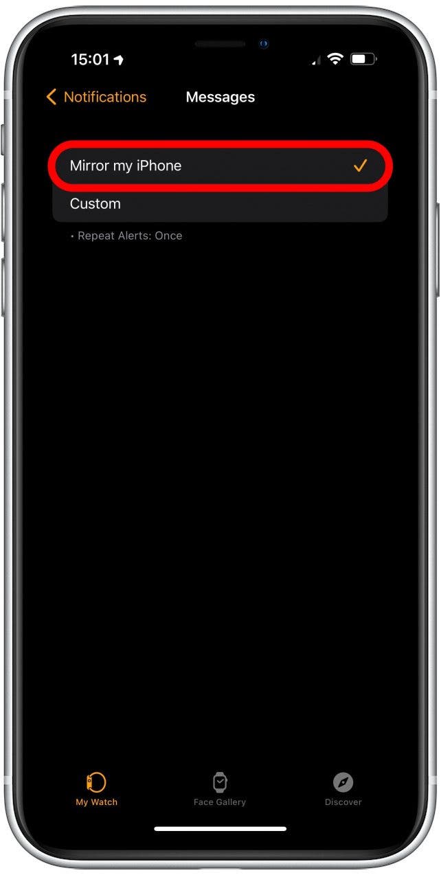„Mein iPhone spiegeln“ ist ausgewählt – die Apple Watch vibriert nicht, wenn ich eine SMS erhalte