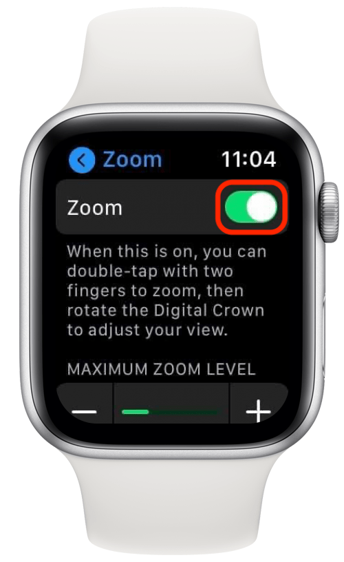 Tippen Sie auf den grünen Umschalter neben Zoom, um die Zoomfunktion der Apple Watch zu deaktivieren