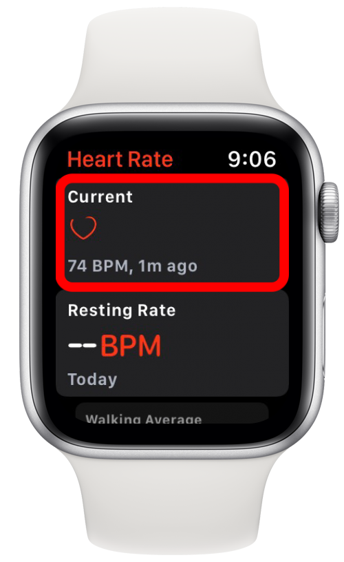 Tippen Sie auf „Aktuell“, um Ihre Herzfrequenz in Echtzeit anzuzeigen.