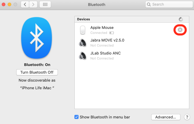 Klicken Sie auf das x, um die Bluetooth-Maus zu trennen