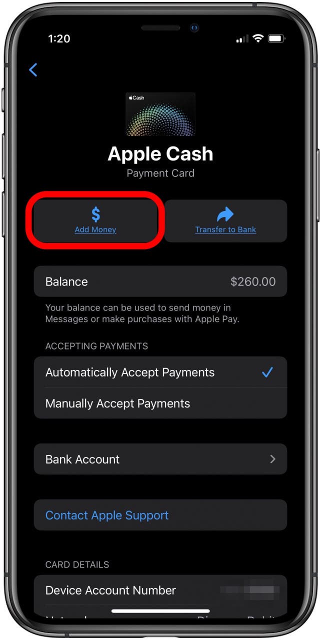 Tippe auf „Geld hinzufügen“ in Apple Cash