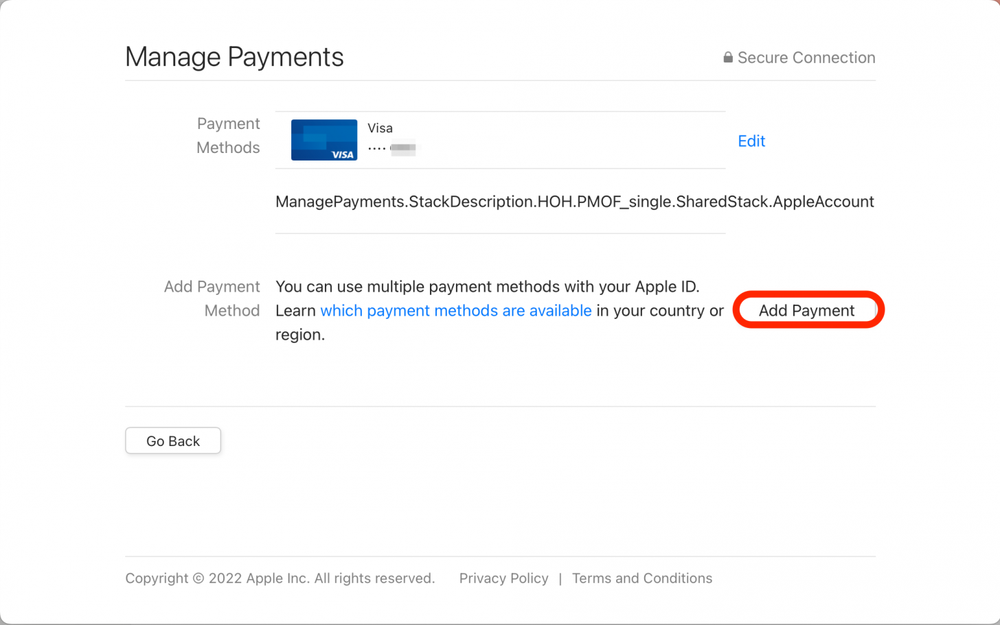 Klicken Sie auf Zahlung hinzufügen, um eine neue App Store-Zahlungsmethode hinzuzufügen. 