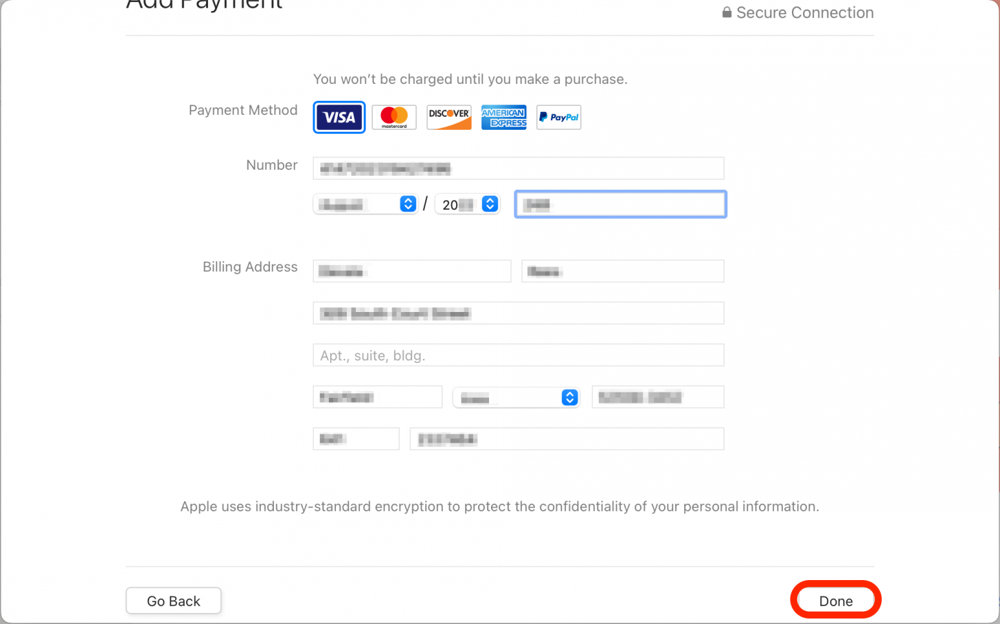 Geben Sie die neuen Kreditkarteninformationen ein und klicken Sie dann auf Fertig.