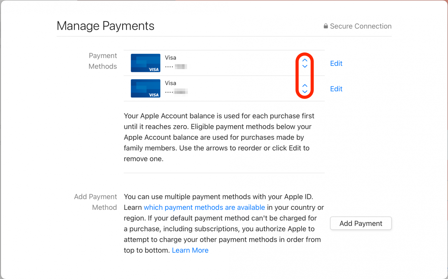 Klicken Sie im Bildschirm „Zahlungen verwalten“ auf die Pfeiltasten, um zu ändern, welche Kreditkarte oben angezeigt wird – dies ist diejenige, die standardmäßig verwendet wird.