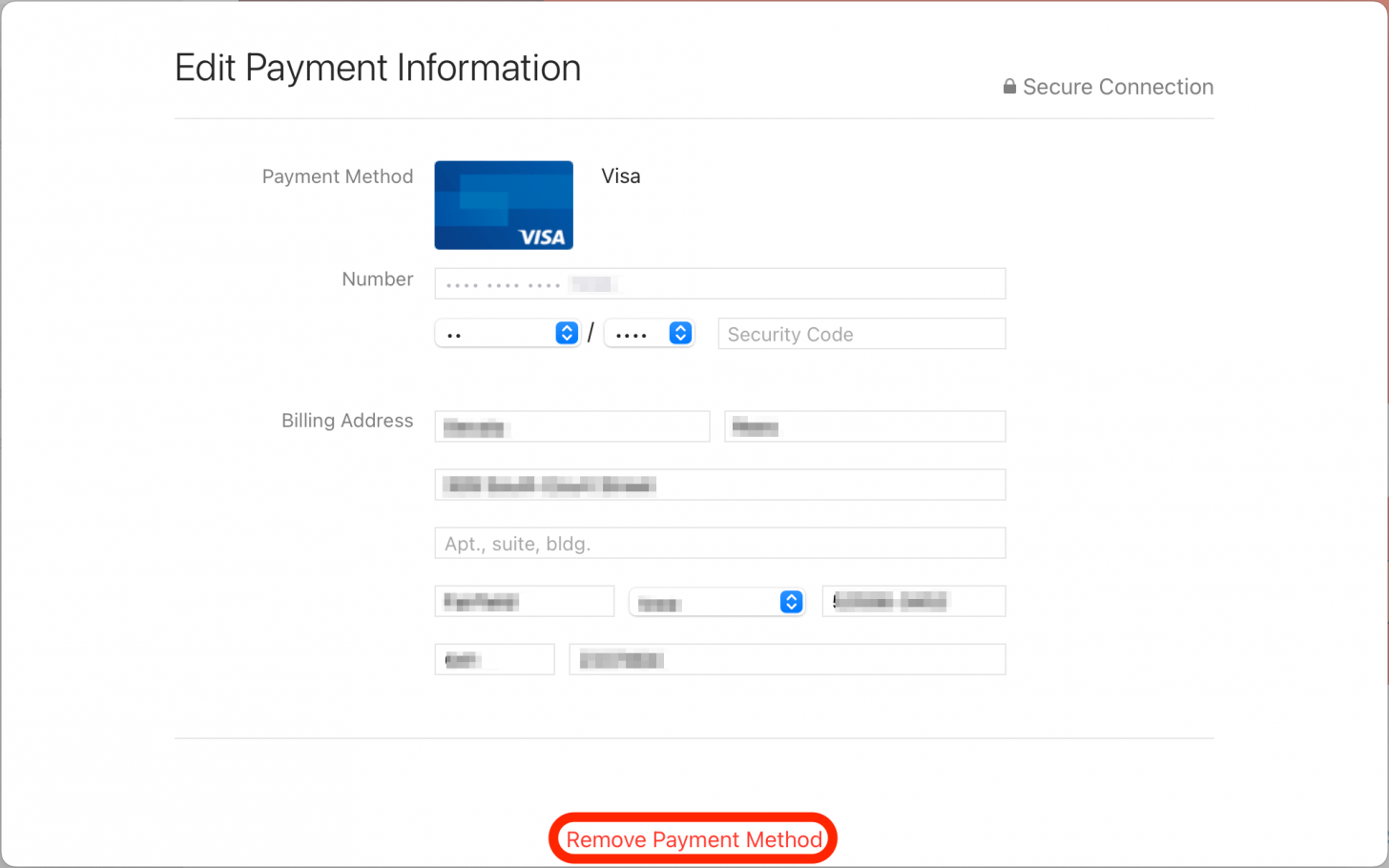 Wenn Sie eine Kreditkarte vollständig entfernen möchten, klicken Sie auf Bearbeiten und dann auf Zahlungsmethode entfernen. 