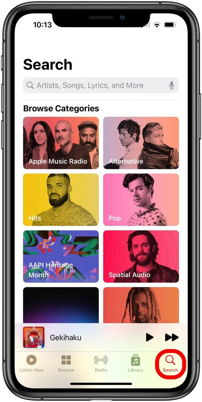 Apple Music-App mit markierter Schaltfläche „Suchen“.