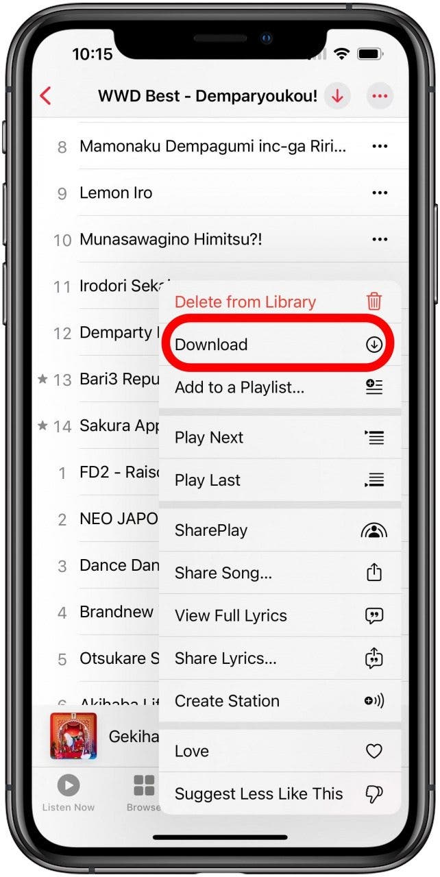 Apple Music App mit dem Drei-Punkte-Menü für einen geöffneten Song und markierter Download-Option.