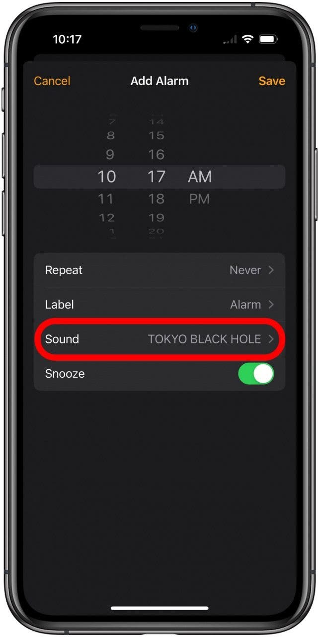 Uhr-App Bildschirm „Alarm hinzufügen“ mit markierter Option „Ton“.