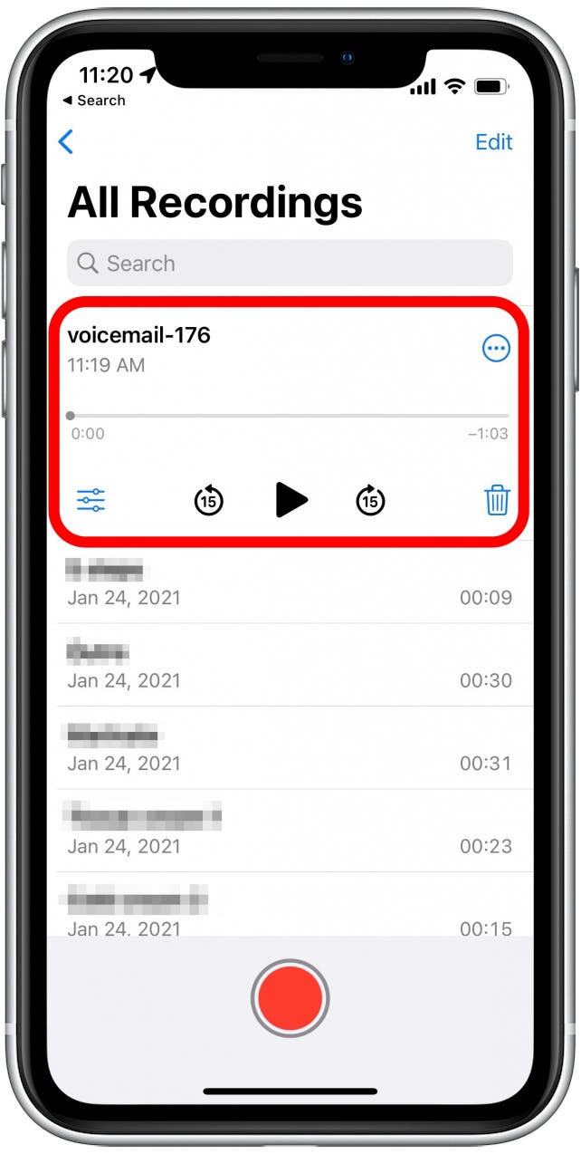 Die Voicemail steht Ihnen zum Abhören in Ihrer Sprachmemos-App zur Verfügung.