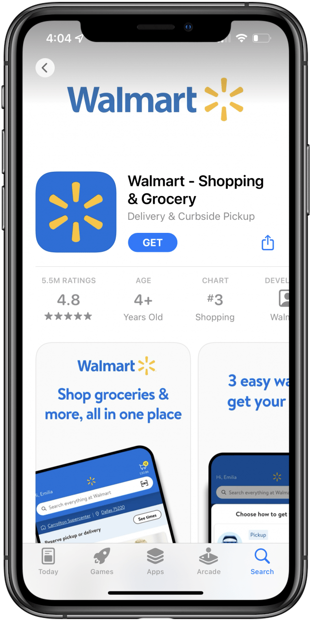 App Store-Bildschirm mit der Walmart-App.