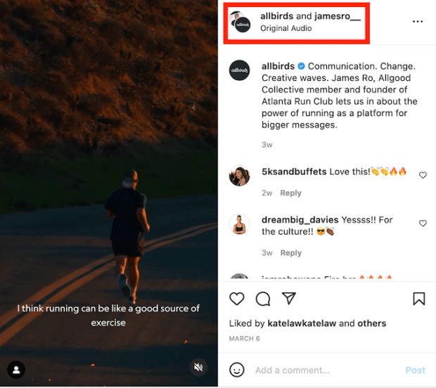 Allbirds und jamesro_ Instagram Collab Post