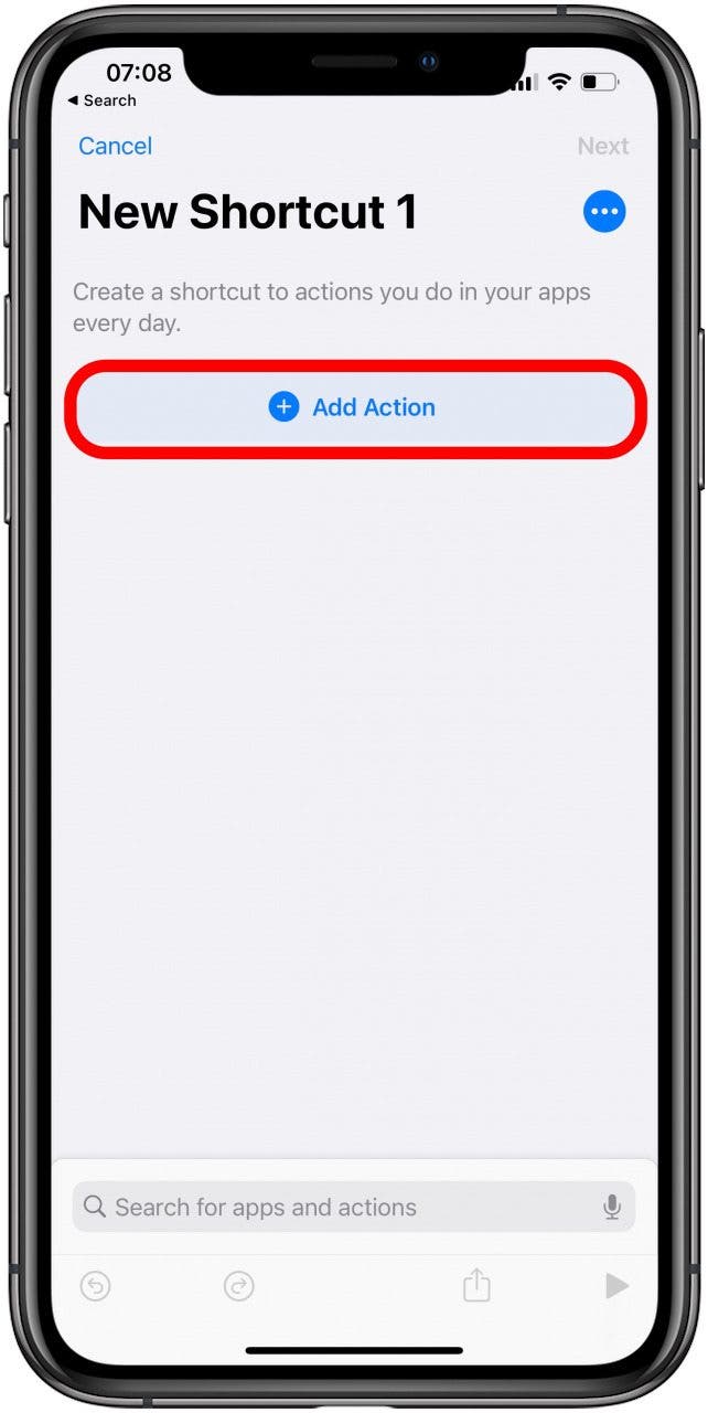 Tippen Sie in der Shortcuts-App auf Aktion hinzufügen