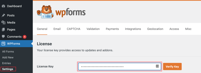 Besuchen Sie die Seite WPForms » Einstellungen, um Ihren Lizenzschlüssel einzugeben