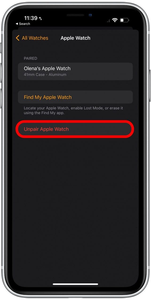 Tippen Sie auf Apple Watch entkoppeln und folgen Sie den Anweisungen auf dem Bildschirm.