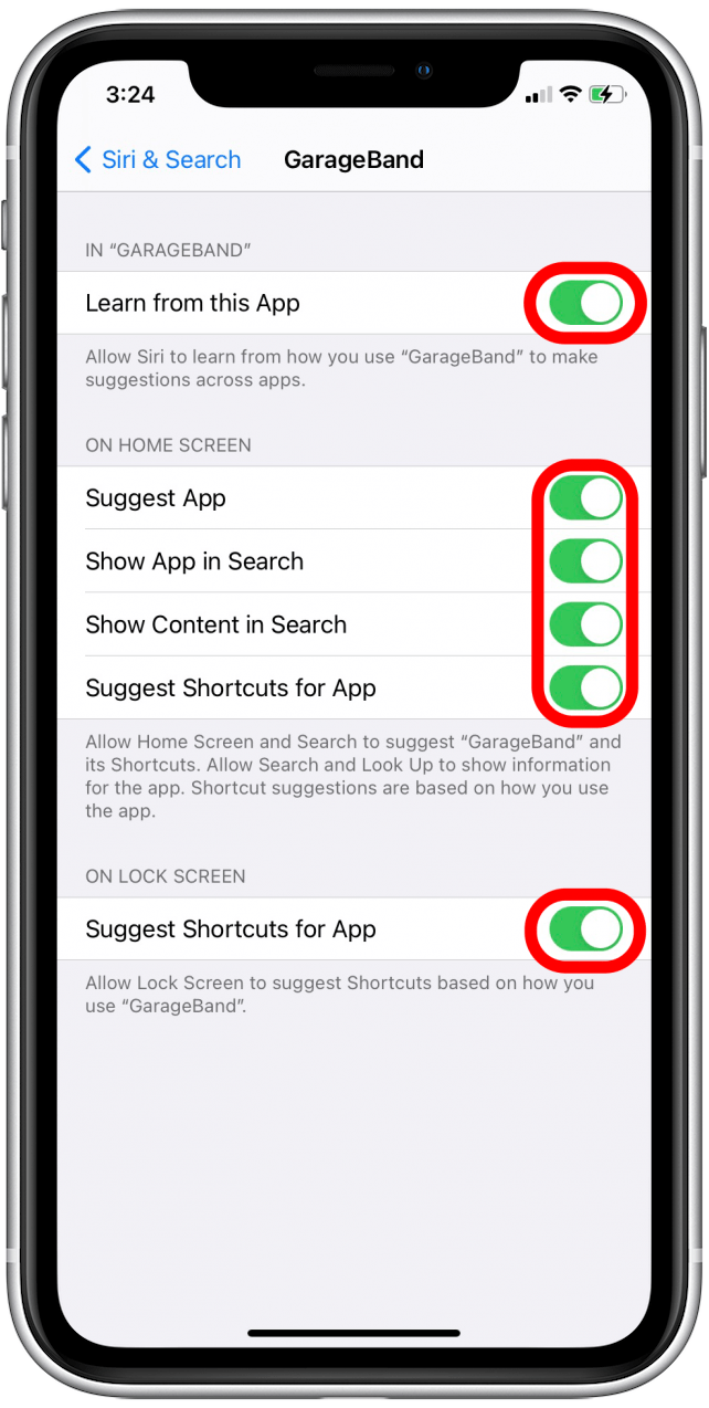 Deaktivieren Sie alle Schalter, um diese App vollständig von der Suche und den Vorschlägen auszuschließen.