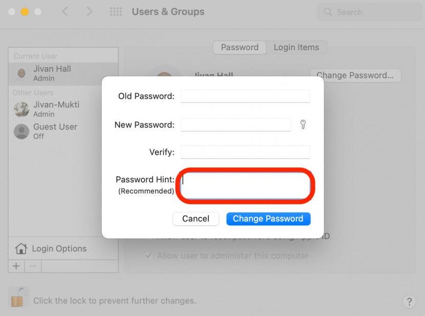 Ändern Sie das Mac-Passwort Schritt 10 – Hinweis