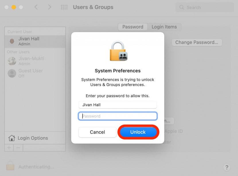 Ändern Sie das Mac-Passwort Schritt 5 - Geben Sie das Passwort ein und entsperren Sie es