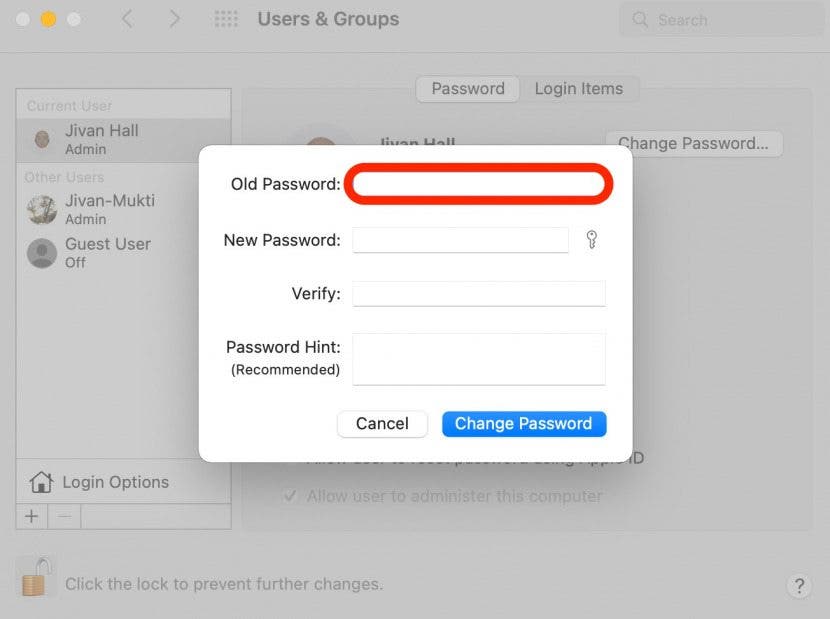 Ändern Sie das Mac-Passwort Schritt 8 – Geben Sie das alte Passwort ein