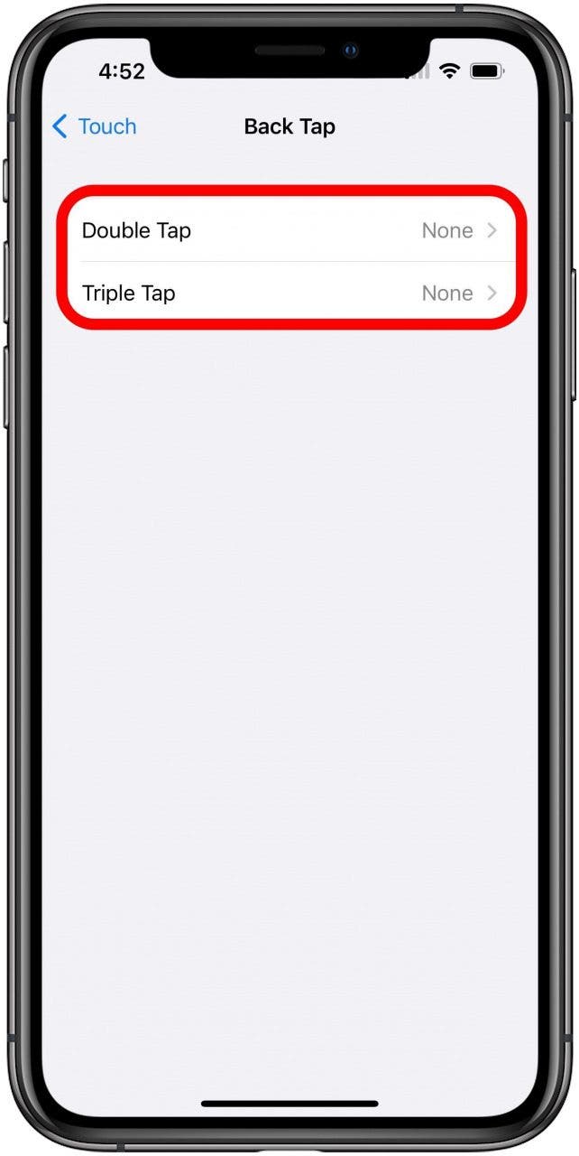 Bildschirm „Back Tap“-Einstellungen, auf dem die Optionen „Double Tap“ und „Triple Tap“ zusammen markiert sind.