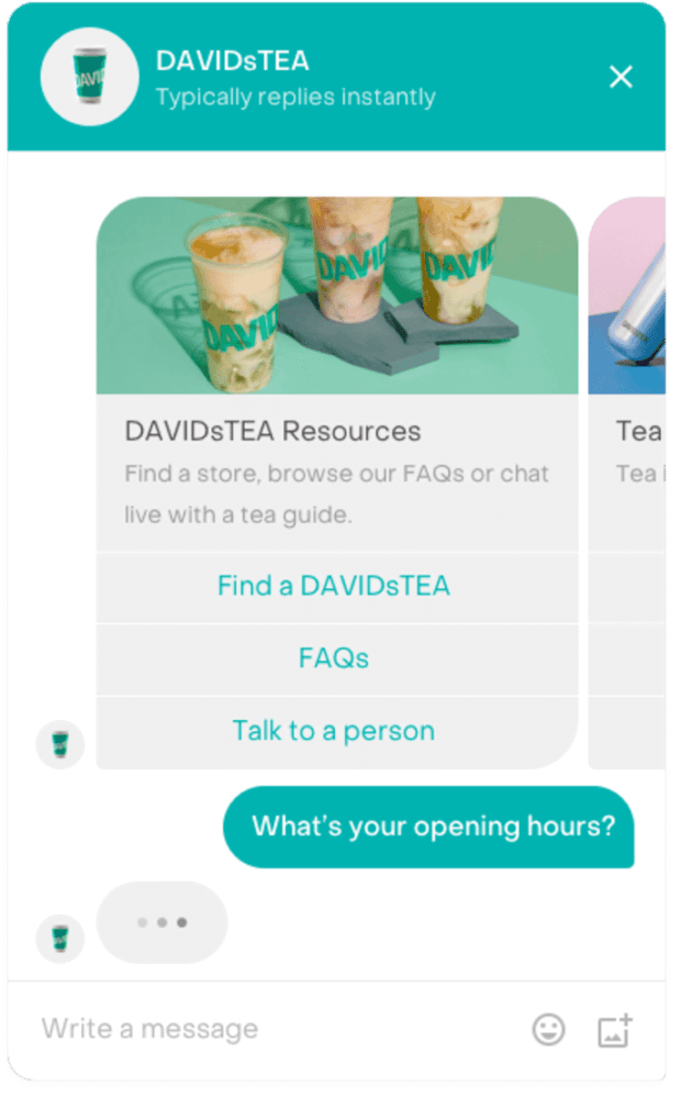 DAVIDsTEA-Ressourcen, einschließlich FAQs und der Option „Gespräch mit einer Person“.