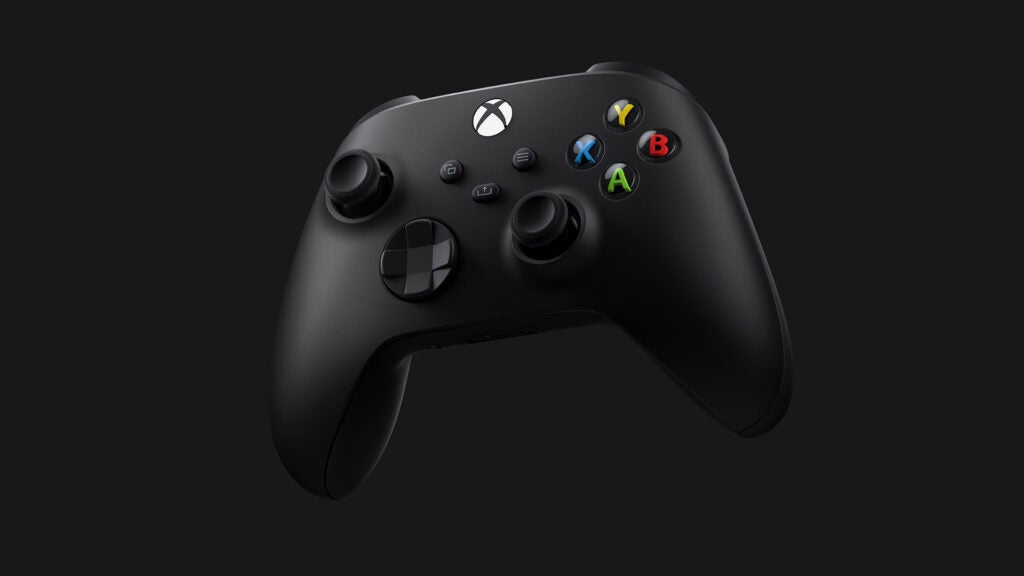 Ein schwarzer Controller der Xbox-Serie X, der auf schwarzem Hintergrund schwebt
