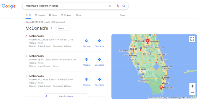 Kartenvorschau mit mehreren Standorten bei Google