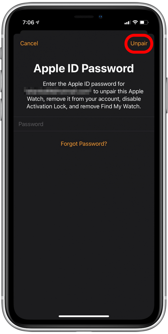 Geben Sie Ihr Apple-ID-Passwort ein und tippen Sie auf Entkoppeln, um die Apple Watch vom iPhone zu entkoppeln