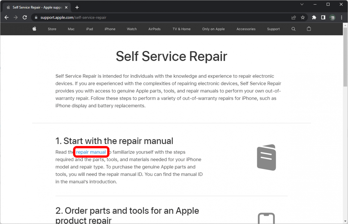 Chrome auf der Apple Self Service Repair-Webseite mit dem Link zu 