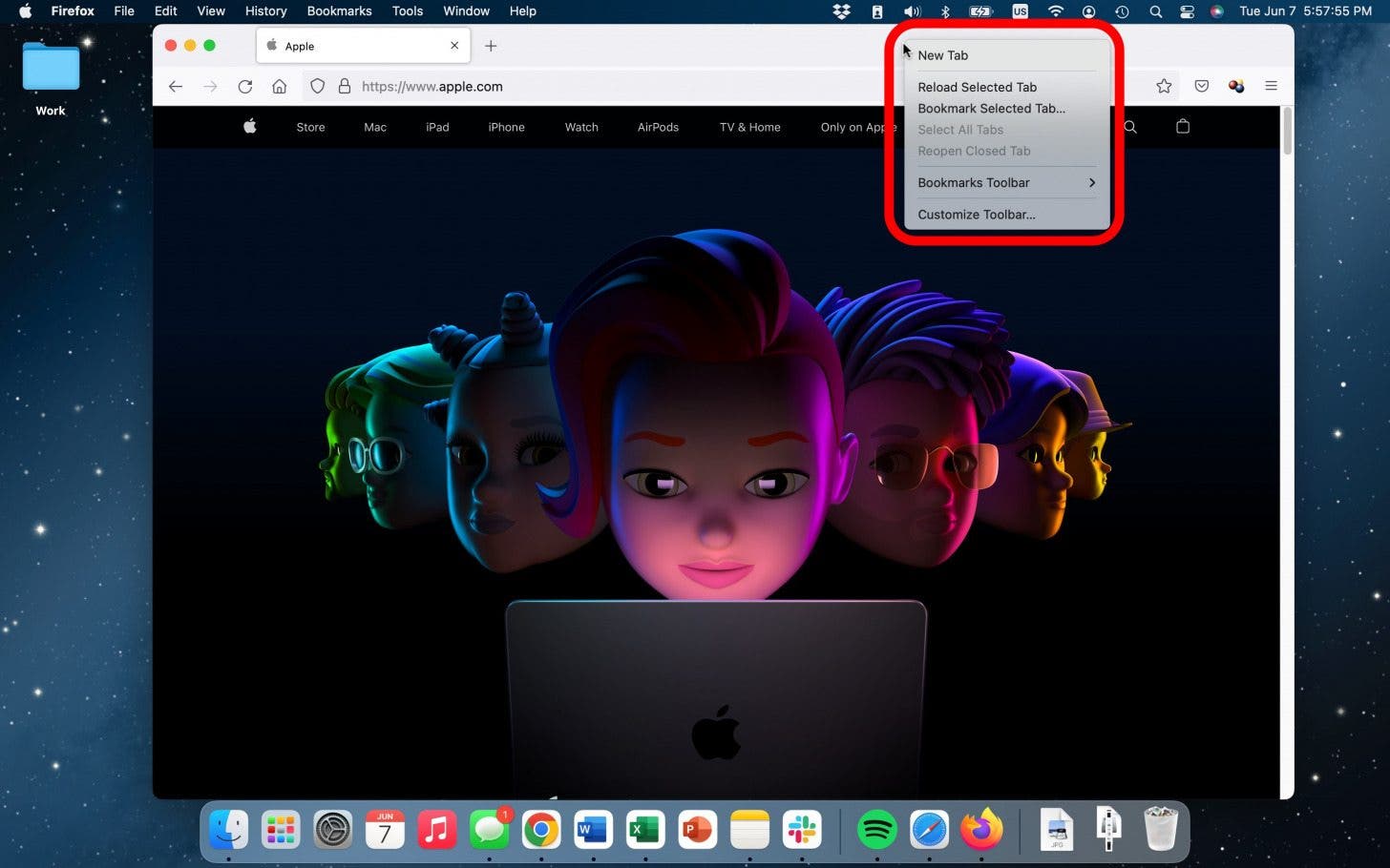 Navigieren Sie in Firefox zu der Seite, von der Sie einen Screenshot erstellen möchten, und klicken Sie mit der rechten Maustaste oben im Browser.