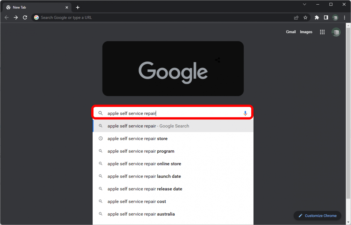 Chrome mit einer Suche nach 