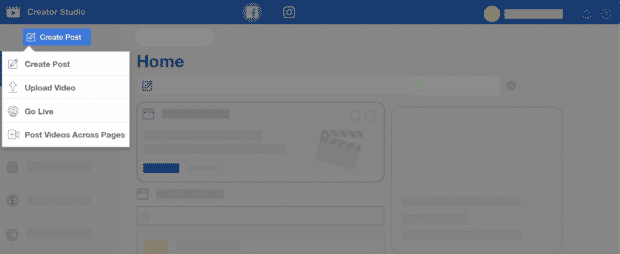 Facebook Creator Studio, ein Instagram-Tool für den PC, das Optionen zum Erstellen von Beiträgen, zum Hochladen von Videos, zum Liveschalten und zum seitenübergreifenden Posten von Videos zeigt