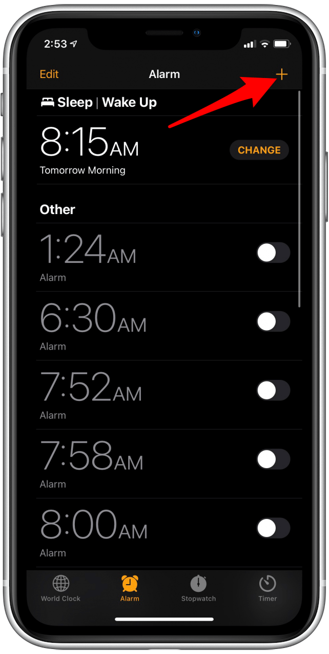 Tippen Sie auf das Plus-Symbol, um einen Alarm hinzuzufügen