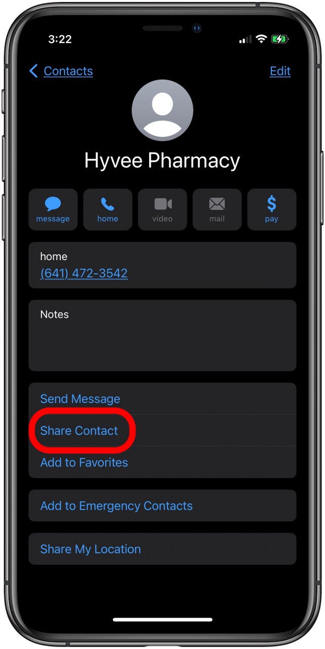 Tippen Sie auf Kontakt teilen, um den Kontakt vom iPhone auf den Mac zu synchronisieren