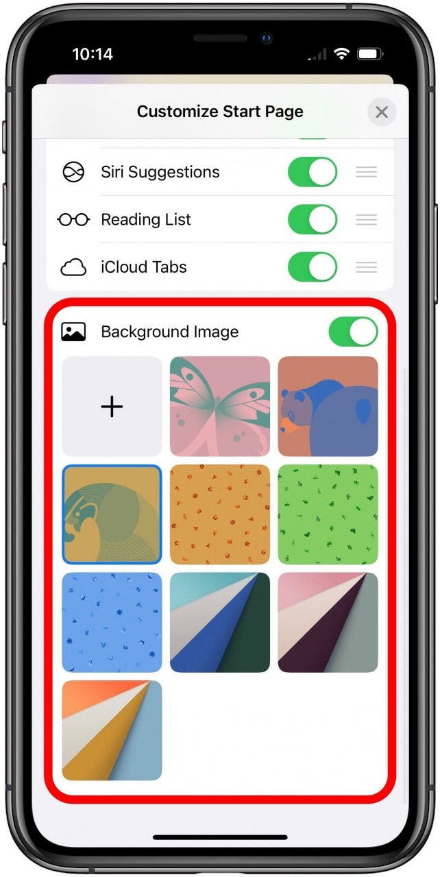 Safari-App mit geöffnetem Blatt „Startseite anpassen“ für eine Registerkartengruppen-Startseite, nach unten gescrollt und markierter Abschnitt „Hintergrundbild“.