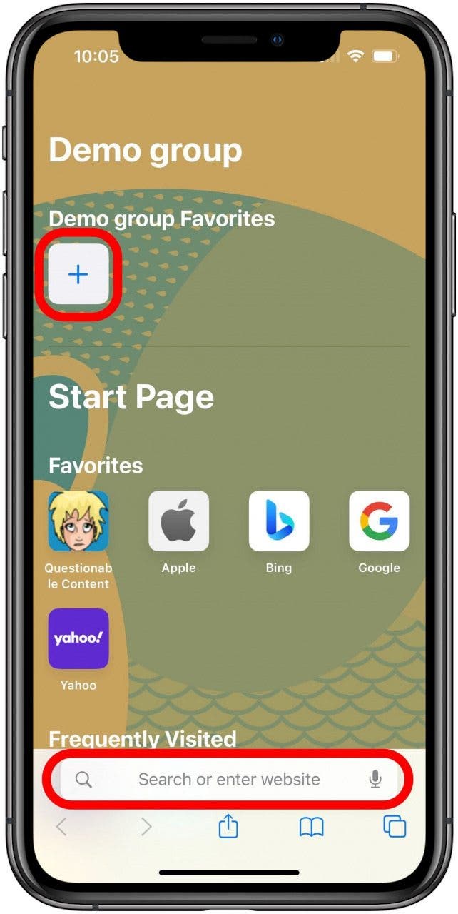 Safari-Tab-Gruppe Startseite mit Adressleiste und Schaltfläche zum Hinzufügen eines neuen Favoriten markiert.
