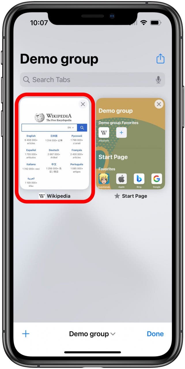 Safari-App mit dem Registerkartenbildschirm für eine Registerkartengruppe mit zwei geöffneten Registerkarten und einer markierten Registerkarte.