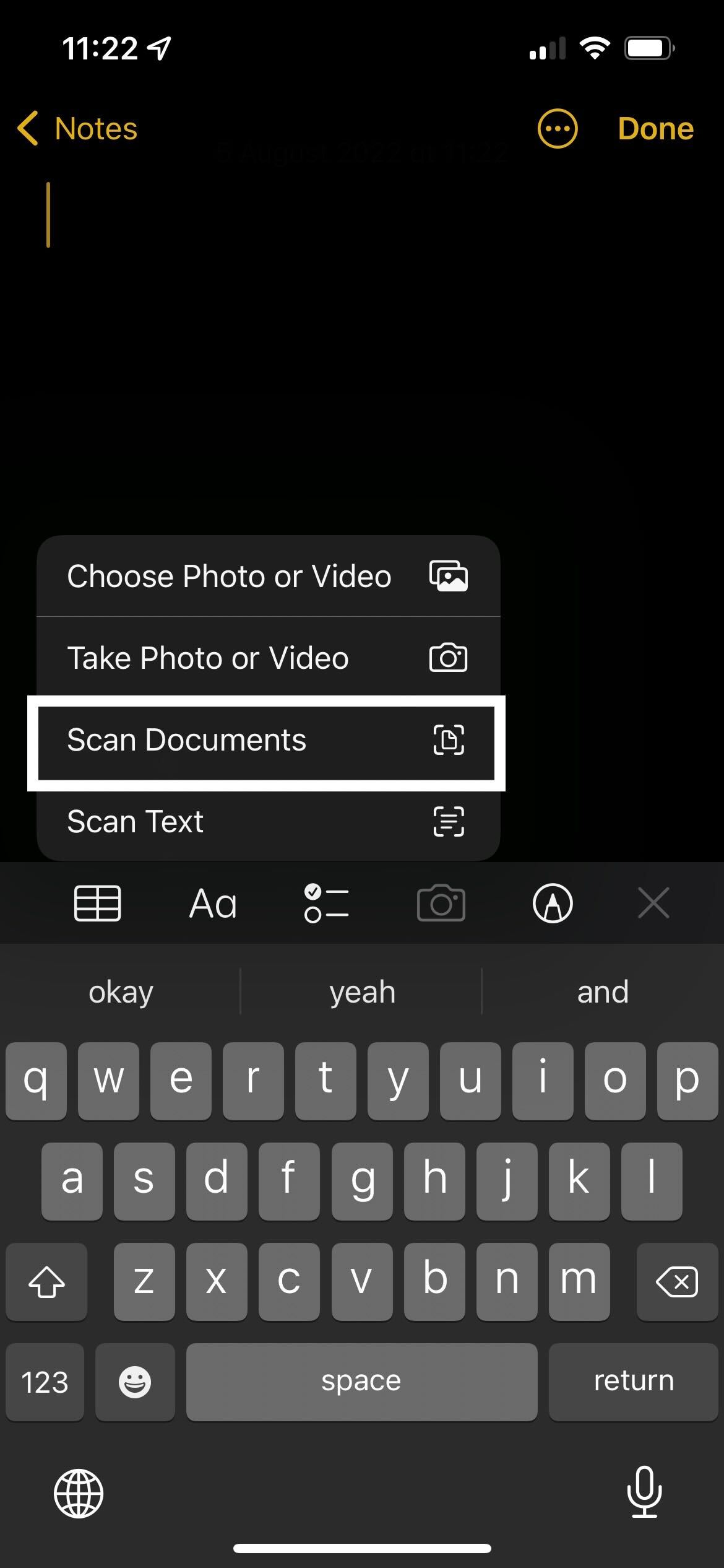 Die Schaltfläche „Dokumente scannen“ in der Notizen-App