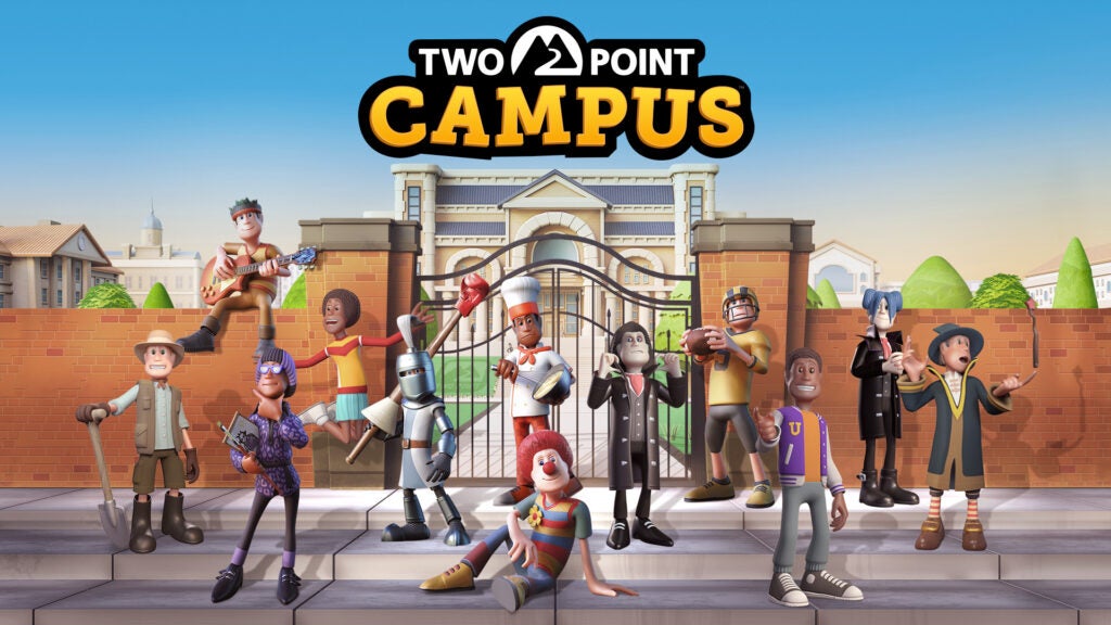 Das Schlüsselbild für Two Point Campus, das die Eröffnung der Uni und einige der Charaktere im Spiel zeigt