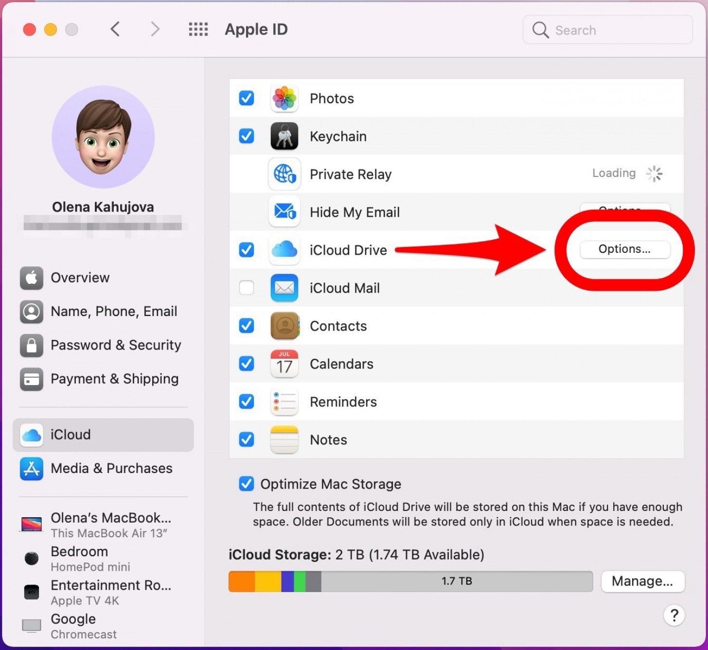 Klicken Sie auf die Schaltfläche Optionen – So sichern Sie ein Macbook auf iCloud