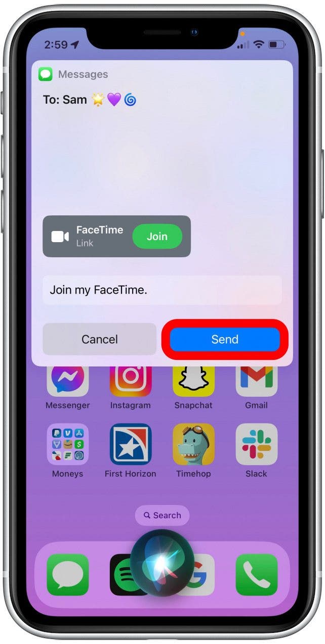 Sie können Siri auch einen FaceTime-Anruf an einen Android-Benutzer über einen Link tätigen lassen.  Tippen Sie auf Senden, um sie zu einem FaceTime-Anruf einzuladen. 
