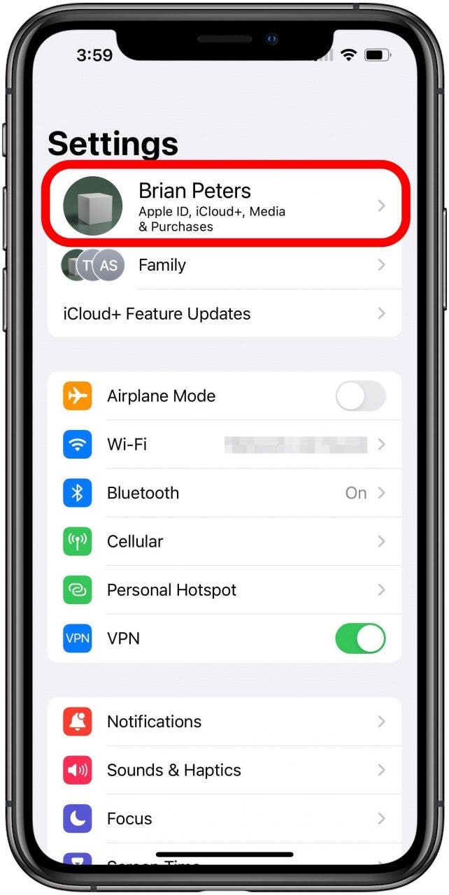 Hauptbildschirm der App „Einstellungen“ mit markierter Option „Profil/Apple ID/iCloud“.