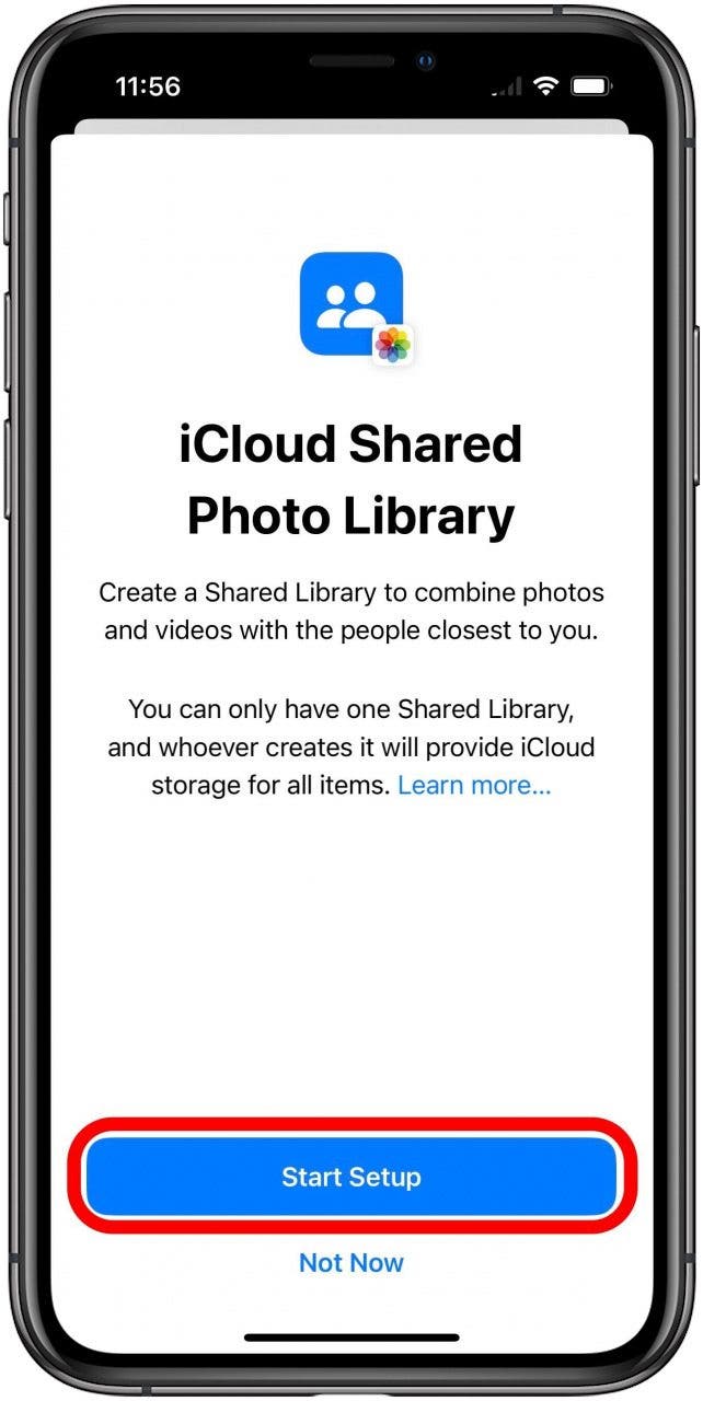 Erster Bildschirm für die Einrichtung der iCloud Shared Photo Library mit markierter Schaltfläche Einrichtung starten.