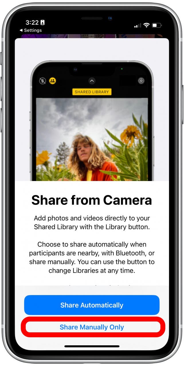 Um zu verhindern, dass die von Ihnen aufgenommenen Fotos automatisch in die gemeinsame Bibliothek gehen, wenn Teilnehmer in der Nähe sind, tippen Sie auf Nur manuell teilen.