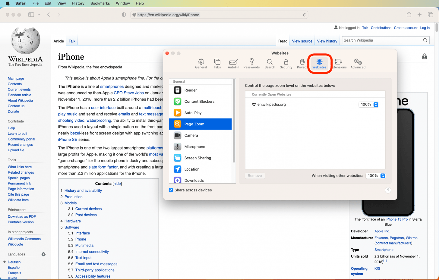 Safari in MacOS mit geöffnetem Einstellungsfenster auf der Registerkarte Websites und markierter Registerkarte.