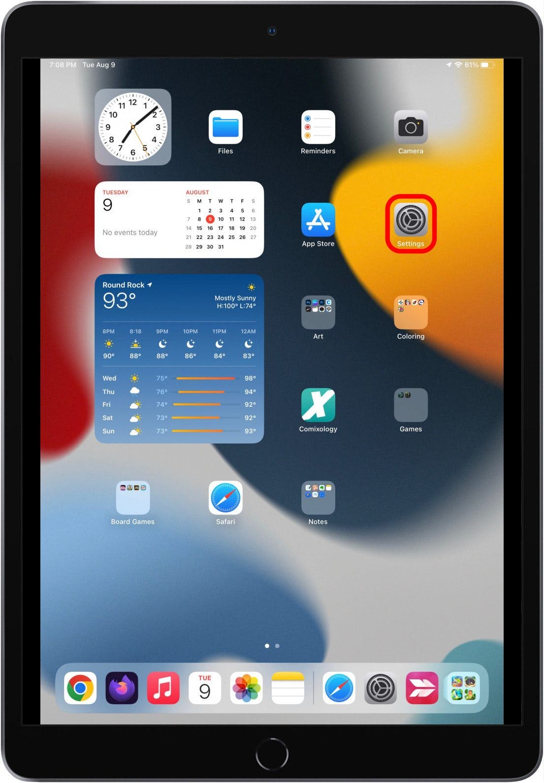 iPad-Startbildschirm mit markiertem Symbol der App „Einstellungen“.