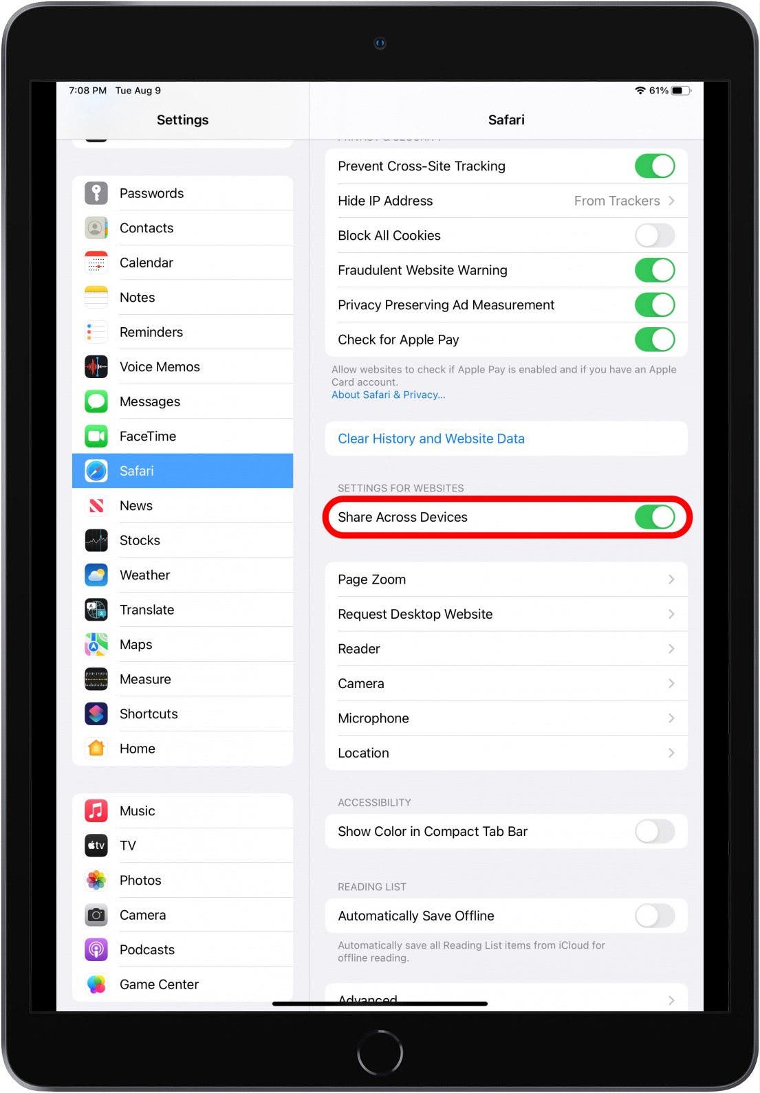 iPad-Einstellungen mit geöffneten Safari-Einstellungen und aktiviertem Schalter „Geräteübergreifend teilen“.